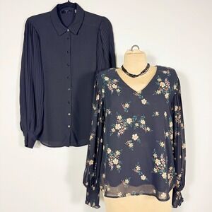 Lot of 2 Pleated‎ Sleeve Blouses S/M Tahari Button Down Entro Floral V-Neck Top